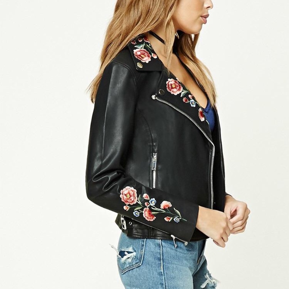 Forever 21 faux leather floral embroidered jacket